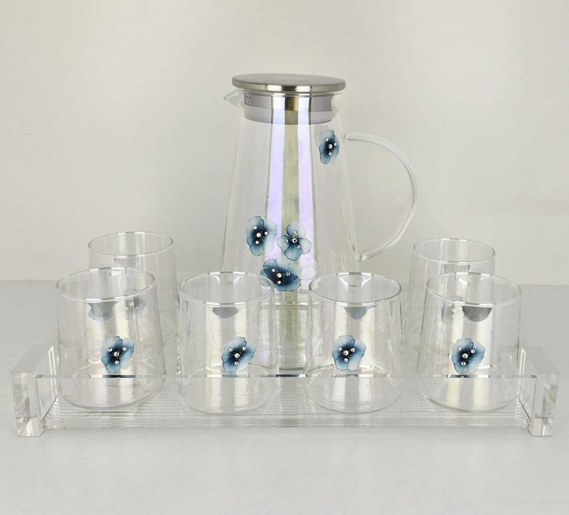 Radin Water Set Of 8Pieces Six Glass With One Jug For Water Juice And One Piece Miror Tray High Quality Glass Material - Image 1